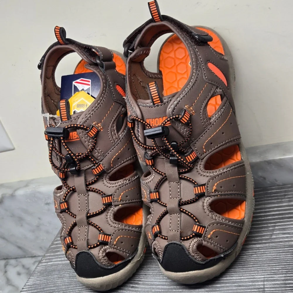 Khombu Kids Brown Orange Closed Toe Hiking Sandals (3) Bungee Lace / Water Shoes
